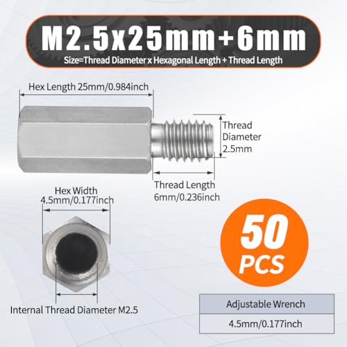 Hex Male-Female Standoffs, M2.5x25+6mm Standoff 50-Pcs 303 Stainless Steel - size: M2.5x25+6mm
