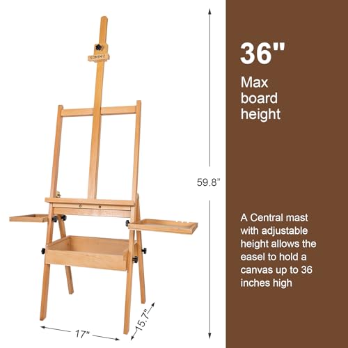 Wooden H-Frame Studio Easel with Storage Drawer and Palettes,Natural - style: Side Trays Natural