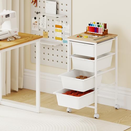 RELAX4LIFE 4-Drawer Rolling Storage Cart w/Lockable Wheels(White) - color: White, size: 28”H
