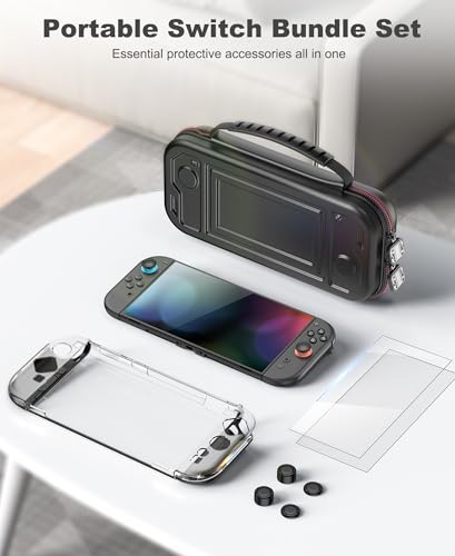 Spican Switch 2 Accessories Bundle 4-in-1, Switch Hard Shell Carrying Case for Switch 2/Switch/OLED, Magnetic Cover for Split-Pad/4XThumb Grips/2XProtectors - size: 4 in 1 Bundle | Embossed