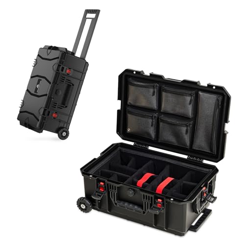 Weatherproof Hard Case, Stackable Trolley Case with Wheels, Hook and Loop Divider & Strap, IP67 Waterproof for Camera, Drones and Gear, 21.7" x 13.8" x 8.7", Black - color: Black