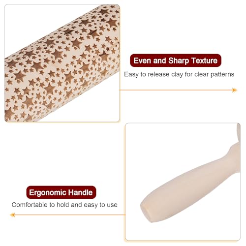 HARFINGTON Wood Clay Roller Five-Pointed Star Pattern Modeling 16.9 Inch Beech Wood Hand Rollers Wooden Pottery Tools Wood Grain Texture Rollers for Clay Baking Playdough DIY