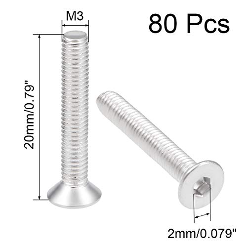 uxcell M3x20mm Flat Head Machine Screws Inner Hex Screw 304 Stainless Steel Fasteners Bolts 80Pcs - size: M3x20mm