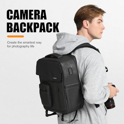 Cwatcun Camera Backpack Large PU Leather, DSLR Bag Case with Tripod Holder - color: Black, size: 9.0 Large