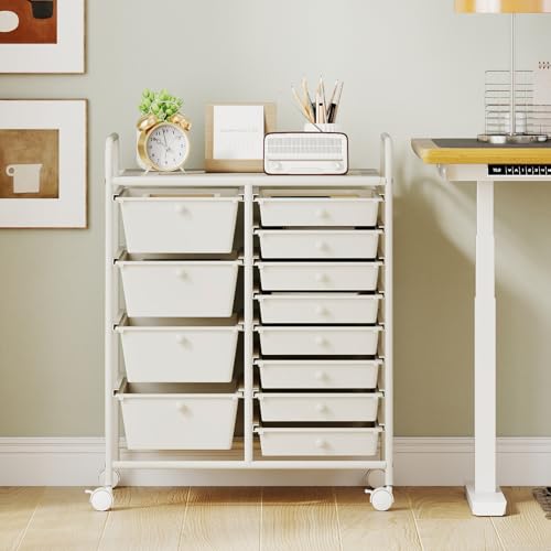 RELAX4LIFE 12-Drawer Rolling Storage Cart - Mobile Utility Drawer Carts - color: White, style: 12 Drawers
