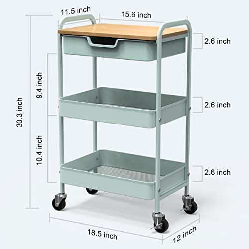 3 Tier Rolling Cart, Utility Cart with Drawer& Table Top, Mint Green - color: Mint Green