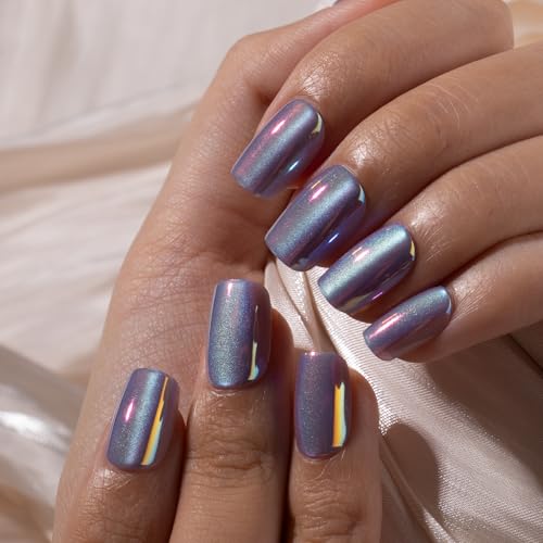 CurvLife Chrome Square Cat Eye Press On Nails, Purple, Soft Gel - color: chrome cat eye nails