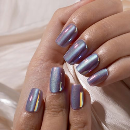 CurvLife Chrome Square Cat Eye Press On Nails, Purple, Soft Gel - color: chrome cat eye nails