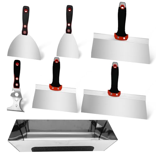 Drywall Hand Tool Kit, 7 Pcs Stainless Steel Drywall Knife Set - color: Black, 7pcs
