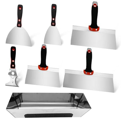 Drywall Hand Tool Kit, 7 Pcs Stainless Steel Drywall Knife Set - color: Black, 7pcs