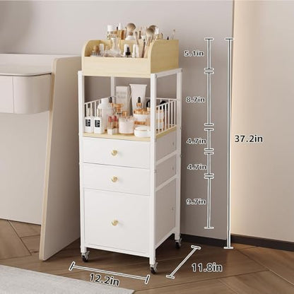 Makeup Organizer Cart with Drawers Rolling Makeup Cart for Bedroom - color: White