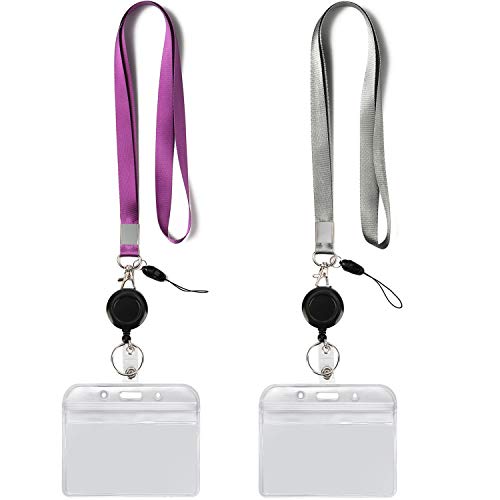 2Pack Lanyards,Horizontal ID Badge Holders, Retractable Reel,Purple,Grey - color: Grey&purple&badge Reel-badge Holder Horizontal