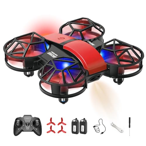 Red Mini Drone for Kids, Indoor & Outdoor RC Quadcopter, Full Propeller Guards, LED Light, 3D Flips, One Key Start, Headless Mode, 2 Rechargeable Batteries, 21 Mins Total Flight Time, Toy Gift for Boys and Girls - color: Red