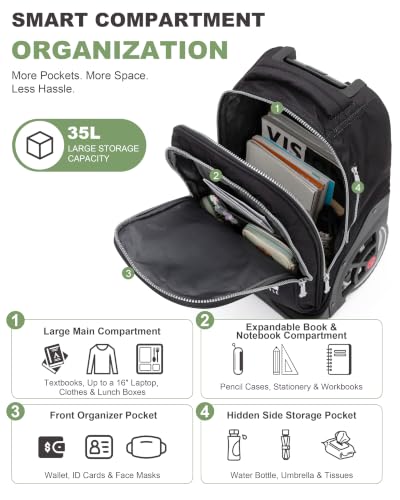 NEW TILAMI 19 Inch Rolling Backpack for School Stair-Climbing Big Wheel - color: Black Skate Board