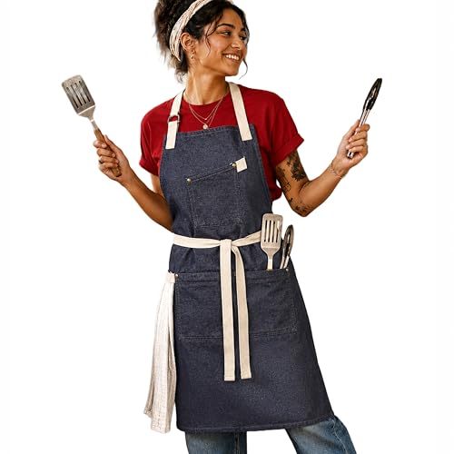 100% Cotton Printed Kitchen Apron with 2 Pockets for Men and Women – Adjustable Chef Apron - Machine Washable - color: Indigo Blue