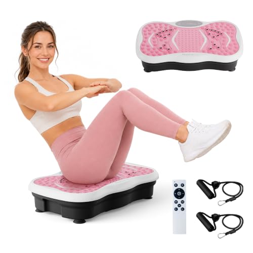 Vibration Plate Exercise Machine for Lymphatic Drainage, 200 Speeds Vibrating Fitness Platform for Full Body Workout and Weight Loss, 300 Lbs Capacity with Resistance Bands for Women Men - color: Pink