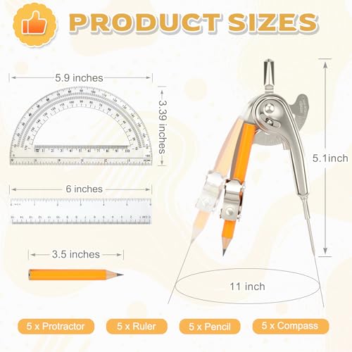 20 Pieces Geometry Math Set Compass for Geometry Math Compass and Protractor Set Include Metal Compass with Pencil Plastic Ruler and Protractor for Student School Office Woodworking Drawing Tools