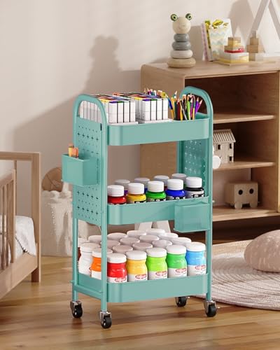 ALVOROG 3 Tier Metal Rolling Utility Cart with Pegboards,Baskets,Hooks,Blue - color: Tiffany Blue