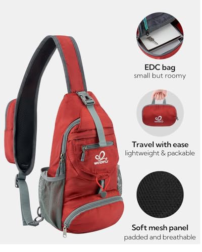 WATERFLY Packable Small Crossbody Sling Backpack Shoulder Chest Bag Daypack for Hiking Traveling - color: Red
