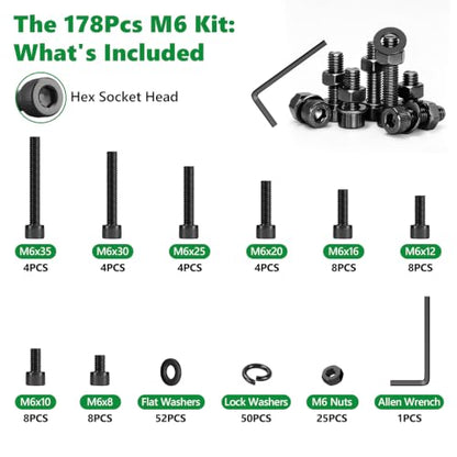 178PCS M6 Hex Socket Screw Assortment Kit, M6x8/10/12/16/20/25/30/35 mm - size: M6 178pcs 3