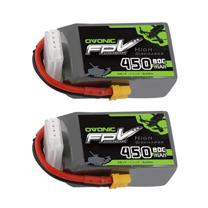 OVONIC 11.1V 80C 450mAh 3S Lipo Battery with XT30 Plug [1 Package Including 2 Batteries]
