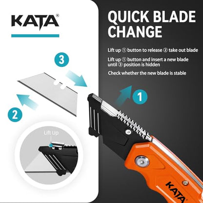 KATA Folding Box Cutter, 2 PC Pocket Utility Knife with 10 SK5 Razor Blades - color: Orange/Blue