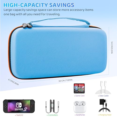 PAWDIARY Blue Switch 2 Carrying Travel Bag Accessories, with Hardshell PC Case Dockable Compatible with Nintendo Switch 2 2025 Console, HD Screen Protector and 2 Thumps Caps - color: Blue