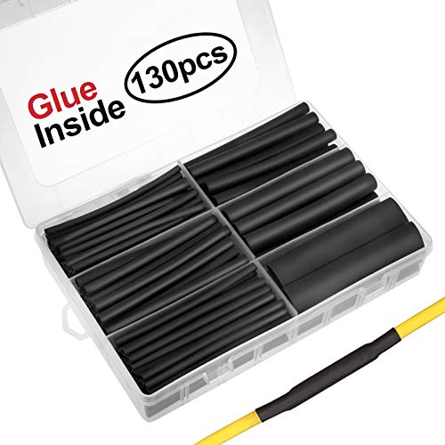 130pcs 3:1 Dual Wall Adhesive Heat Shrink Tubing Kit, 6 Sizes (Diameter): 1/2, 3/8, 1/4, 3/16, 1/8, 3/32 inch, Premium Wire Cable Sleeve Tube Assortment with Storage Case for DIY by MILAPEAK (Black)