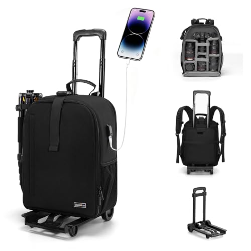 Cwatcun Camera Trolley Bag, Rolling DSLR Case with Removable Cart - color: Black, size: 5.0 Large