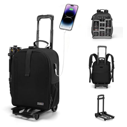 Cwatcun Camera Trolley Bag, Rolling DSLR Case with Removable Cart - color: Black, size: 5.0 Large