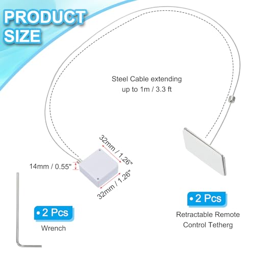 PATIKIL 3.3 Ft Retractable Remote Control Tether, 2 Pcs Square Security Cable Lanyard Lock Pause Style with Adjustable Clasp Adhesive for TV Remote Controller, White(Square Iron Cap) - color: White