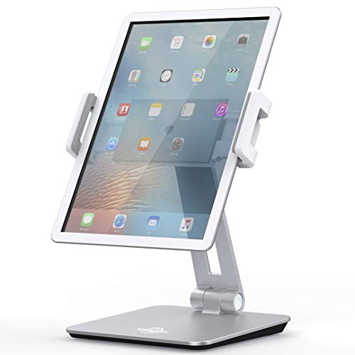 KABCON Tablet Stand Holder, Tightness Adjustable Multi-Angle Foldable Eye-Level Aluminum Solid Tablets Stands Dock for 4''-14''Tablets/Phone, iPad Series,Samsung Galaxy Tabs,Kindle Fire,Etc. - color: Silver