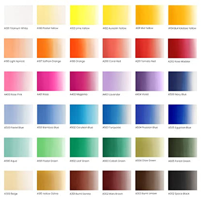 ARTEZA Acrylic Gouache Paint Set, 36 Colors, 22 ml Tubes, Opaque Matte