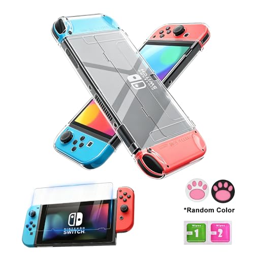 Ounfnoe Clear Case Kit for Nintendo Switch OLED, Clear Dockable Shell Compatible with Switch OLED Console, Switch Screen Protector Set with Tempered Glass Screen Protector, 2 Thumb Grip Caps Included - color: Switch OLED Screen Protector Set