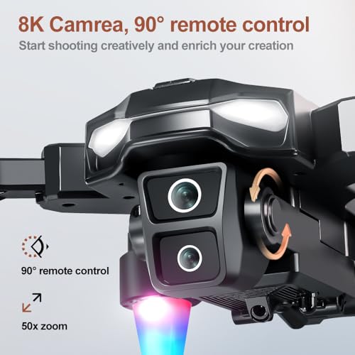 Foldable Drone with 8K ESC Dual Camera, Built‑in Screen Remote Controller, Brushless Motor, 4‑Way Obstacle Avoidance, Optical Flow Hover, 90° Adjustable Lens, RGB Night Lights Quadcopter for Adults Beginners