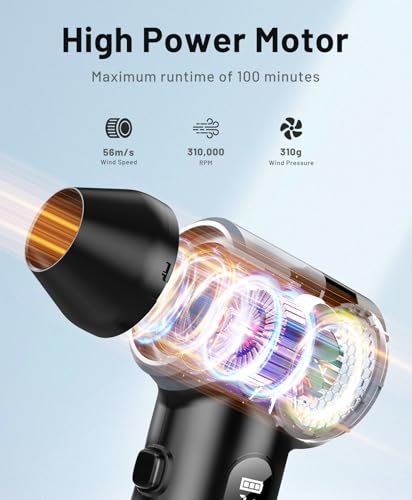 Compressed Air Duster-310,000RPM Cordless Air Blower with LED Light, 4 Gear Adjustable Turbo Fan, Super Power Electric Air Duster for Computer, Keyboard, Outdoor, House and Car