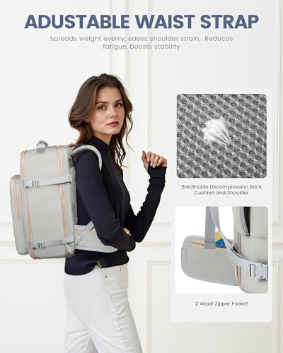 LOVEVOOK 40L Travel Backpack with Waist Strap,Flight Approved Carry on Backpack,Waterproof Personal Item Travel Bag,TSA Carry on Luggage Suitcase Travel Essentials,Gifts for Women & Men,fit 17" Laptop - color: A-light Gray-pink, size: Large-40L-4Pcs(Waist