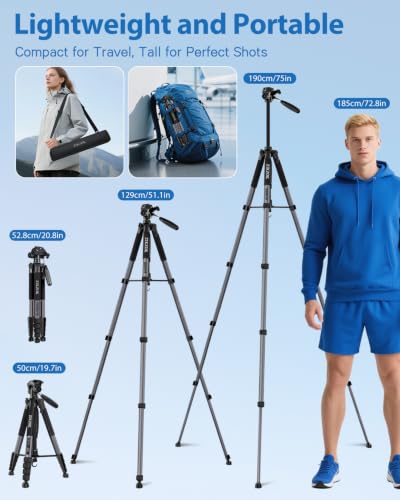 75" Camera Tripod Stand, Heavy Duty with Remote for DSLR iPad iPhone - color: Grey-75 inch