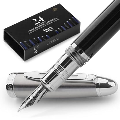 Wordsworth & Black Majesti Luxury Fountain Pen Set for Writing, Medium Nib - color: Black Chrome, style: Medium Nib
