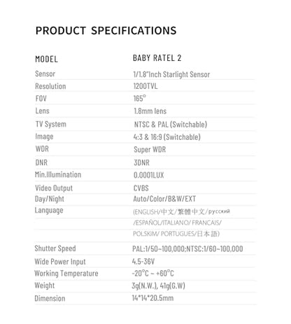 FPV Camera Ratel 2, 1/1.8inch Starlight Sensor Camera 1200TVL with FOV 165°Bigger PAL NTSC Switchable for FPV Racing Drone