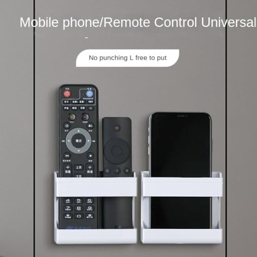 Wall Mounted No Punching Required Universal Adhesive Remote Control Holder Storage Box Rack Shelf Mobile Phone Plug Case(White) - color: White