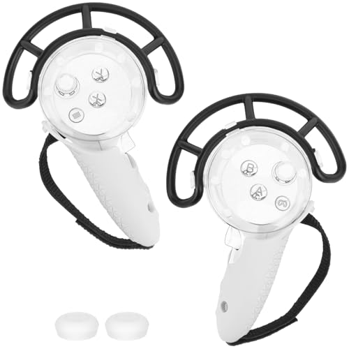 Geekria VR Controller Protector Set Compatible with Meta Quest 3, Clear Shell Bumper Guard with Adjustable Knuckle Straps & Joystick Caps, Anti-Collision Grip Cover (White, 1 Pair) - color: White