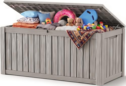 Outdoor Storage Box, 220 Gal Waterproof Resin Deck Box w/Support Rod - color: Grey, size: 220 Gallon