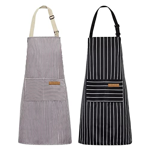 NLUS 2 Pack Kitchen Cooking Aprons, Adjustable Bib Soft Chef Apron with 2 Pockets for Men Women(Black/Brown Stripes) - color: Black/Brown