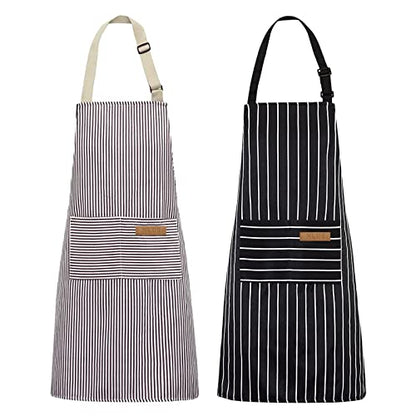 NLUS 2 Pack Kitchen Cooking Aprons, Adjustable Bib Soft Chef Apron with 2 Pockets for Men Women(Black/Brown Stripes) - color: Black/Brown