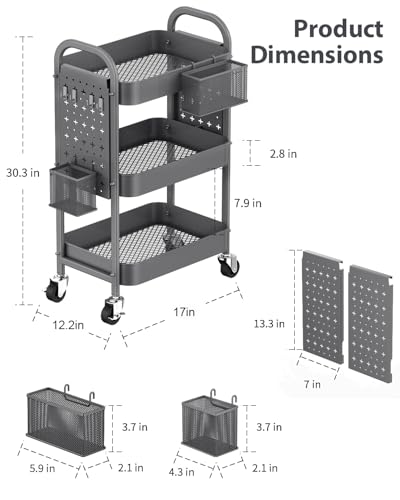 ALVOROG 3 Tier Metal Rolling Utility Cart with Pegboards,Baskets,Hooks,Gray - color: Grey