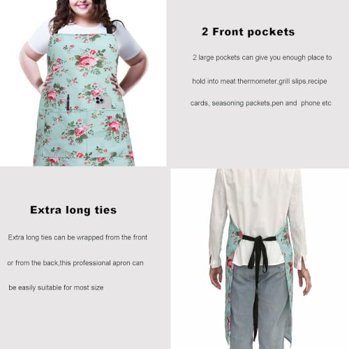 Plus Size Adjustable Bib Apron Water Resistant Canvas Extra Wide Long Ties Aprons with 2 Pockets Kitchen Cooking Gardening - color: Green Rose Pattern