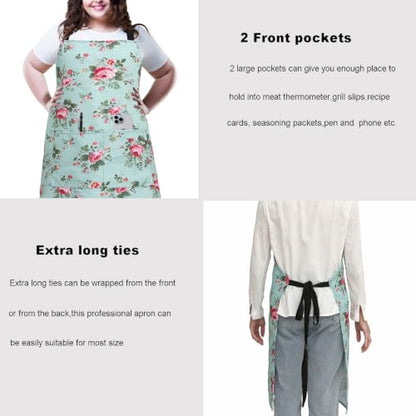 Plus Size Adjustable Bib Apron Water Resistant Canvas Extra Wide Long Ties Aprons with 2 Pockets Kitchen Cooking Gardening - color: Green Rose Pattern