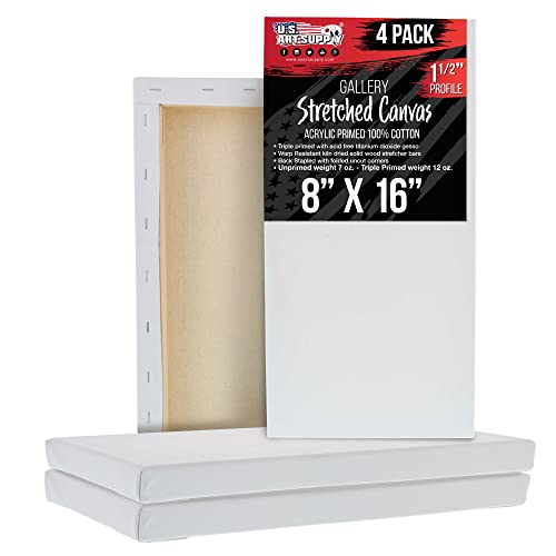 U.S. Art Supply 8"x16" Stretched Canvas for Painting, Gallery Depth 4-Pack - size: 8" x 16"