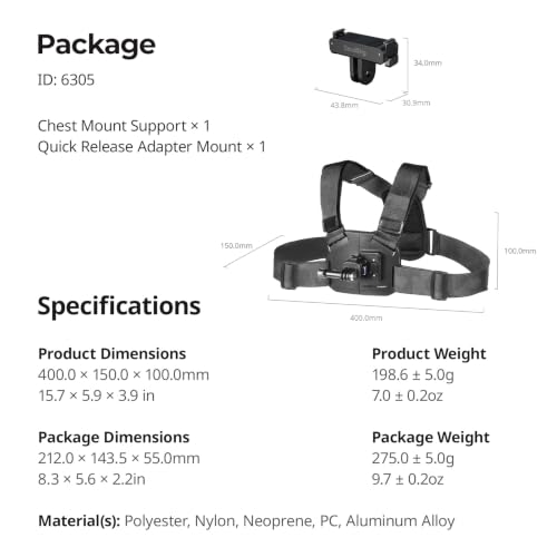 SMALLRIG Chest Mount for DJI Osmo Action 6 / Nano, with Quick Release Interface & Safety Lock, Adjustable Tightness, High Elasticity Strap Fits 78-120cm - 6305 - style: Chest Strap